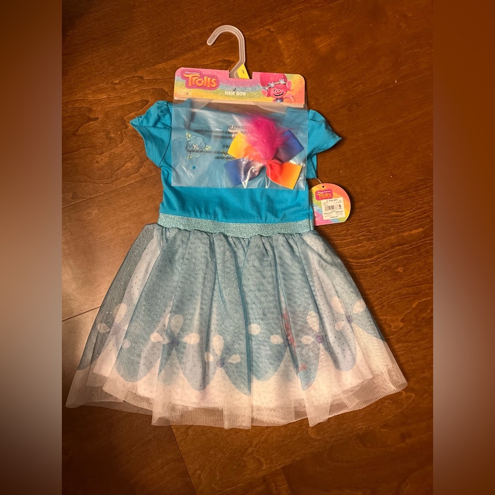 Trolls blue dress with matching bow NWT